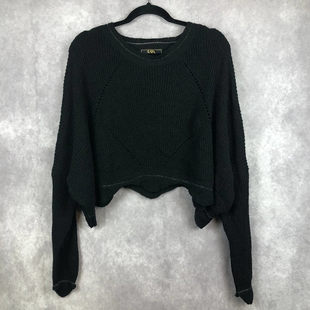 Lucky & Blessed L&B Womens Sweater Scalloped hem Long Batwing Sleeves Black L/XL